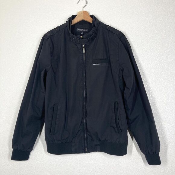 Members Only Jacket Mens Medium Black Iconic Racer Bomber Epaulets Zip Ribbed - Picture 1 of 14